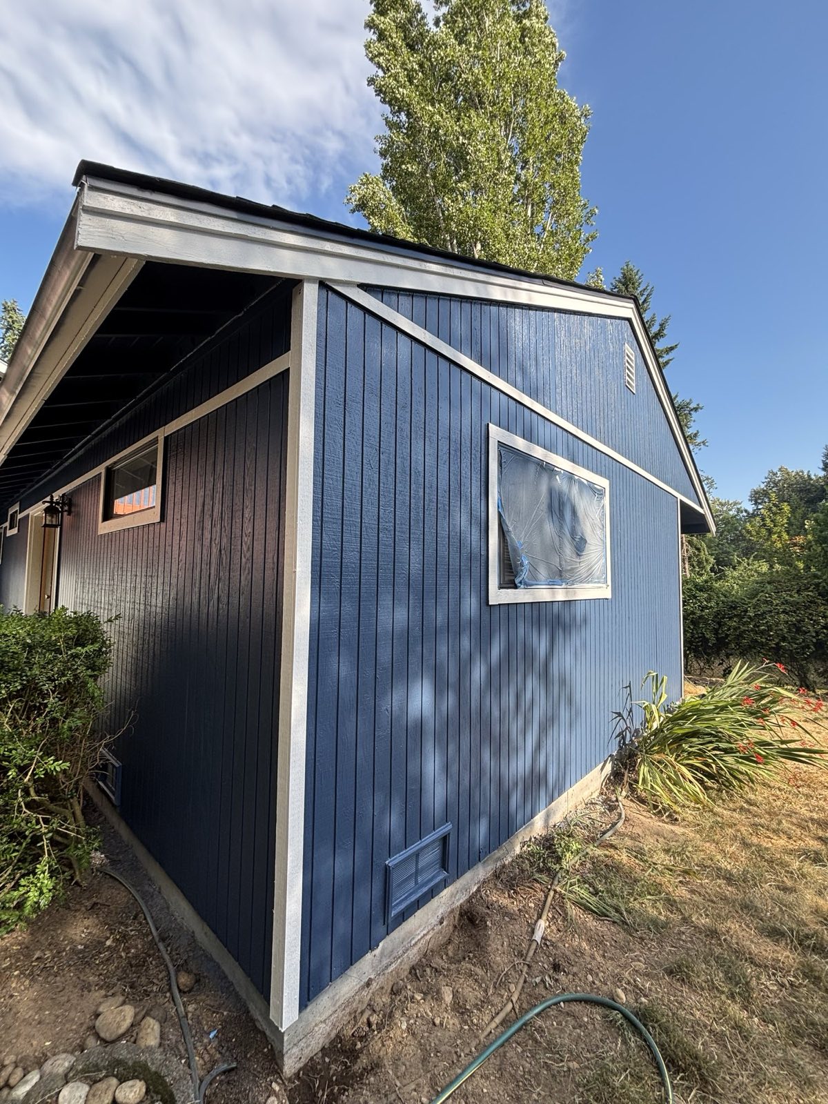 Backyard accessory dwelling unit with deep-blue board-and-batten siding and white trim